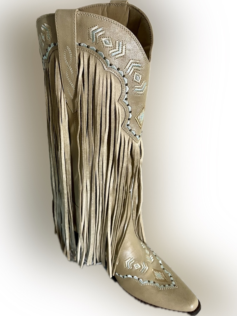 Beige Fringe Western Cowboy Boots Tall Studded Boho Festival Concert Size 9